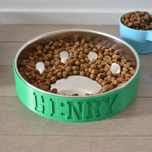 Engraved Circle Slow Feeder with Paw Print Stainless Steel Bowl